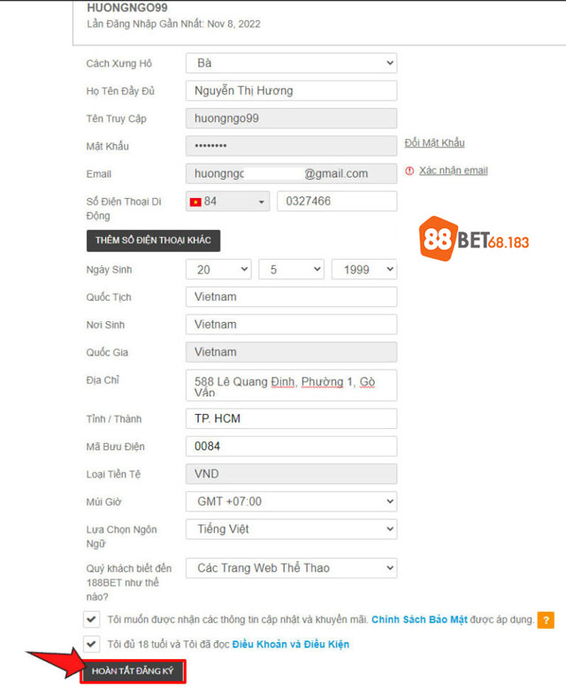 Điền đầy đủ thông tin đăng ký 188bet trên điện thoại
