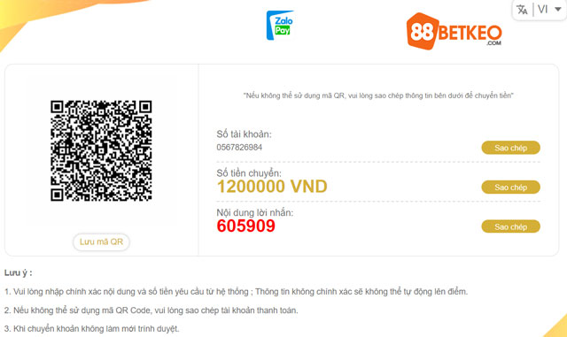 nạp tiền 188Bet qua Zalo Pay